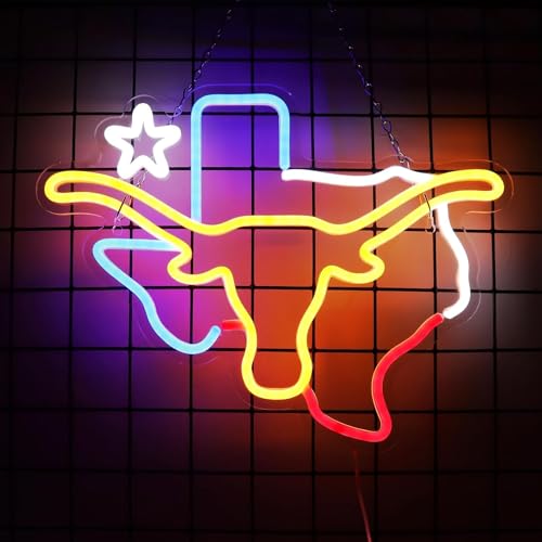 TEXAS Neon Sign - Longhorn LED Wall Art, USB Powered for Man Cave, Bar & Western Room Decor Vintage Rustic Glow, Easy Hang, Western Gift for Texans, Cowboy Fans & Homeowners Friends Colleague Partner