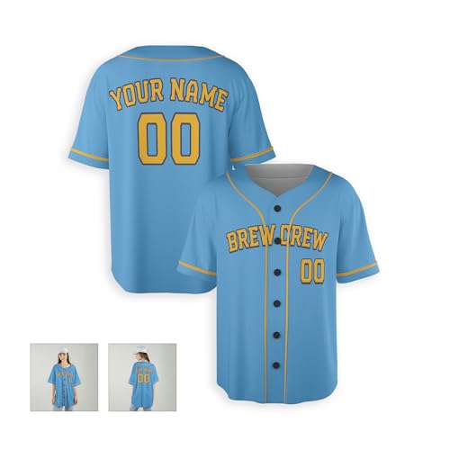 Camiseta personalizada de béisbol con impresión Brew Crew para hombre, mujer, juvenil, niños y bebés - Añade tu nombre y número - Opciones con y sin ribetes Celeste miniatura 4