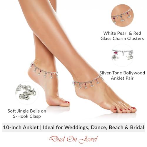 Image of Duel On Jewel Silver Plated Anklet for Women, Traditional Payal Pair with Chain Link Design and Ghungroo Bell Detail, 10 Inch Comfort Fit Foot Accessory, Ethnic Everyday Wear, Wedding Gift