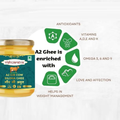 Image of Vishwaratna Premium A2 Gir Cow Cultured Desi Ghee from Braj Farm 250 ml| Vedic Bilona Two Way Churned | Indian Gir Cow Ghee, Pure A2 Ghee, Natural & Healthy, Non-GMO | Lab Certified-Pack of 1
