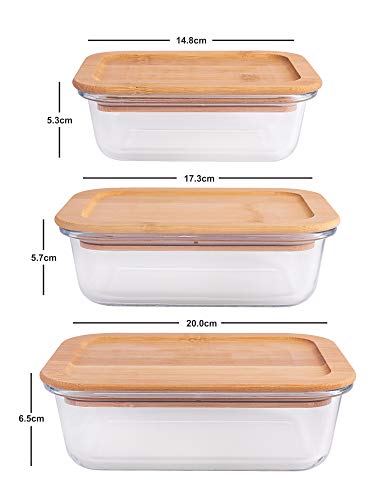 Image of Goodhomes Rectangular Glass Food Storage Containers with Air Tight Wooden Lid Set of 3-360ml, 580ml, 900ml