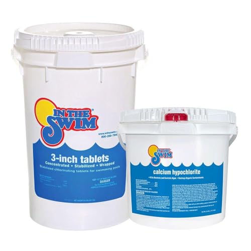 In The Swim Chlorine and Shock Bundle for Sanitizing Swimming Pools – Includes 50 Pound Bucket of 3 Inch Stabilized Chlorine Tablets and 25 Pound Bucket of 68% Cal-Hypo Pool Shock