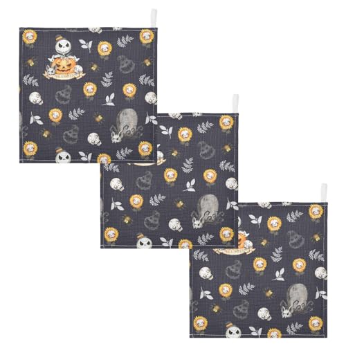 Image of vvfelixl Baby Muslin Washcloths Halloween Skulls Horror Monsters Baby Burp Cloths Cotton Baby Face Towel for Newborn Infants Boys Girls Soft and Absorbent 11.8 X 11.8 in, 3 Pack Black