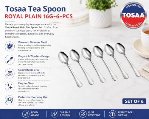 Image of Tosaa Tea Spoon Royal Plain 16G-6-Piece Stainless Steel Spoon Set, Set of 6 for Everyday Use,Rust-Resistant & Dishwasher Safe