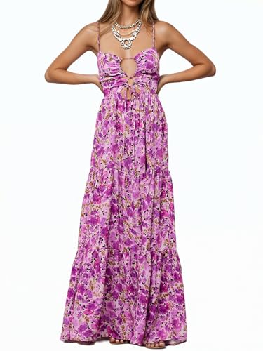 Image of Womens Summer Floral Spaghetti Strap Backless Low Cut Smocked Milkmaid Flowy Beach Sundresses