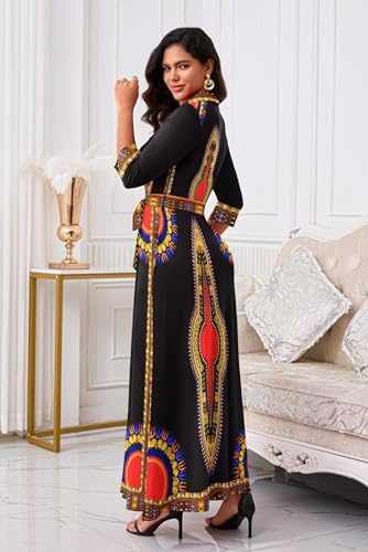 Image of Runwind Women Church Maxi Dresses 3 /4 Sleeve Button Down Print Casual Office Dress African