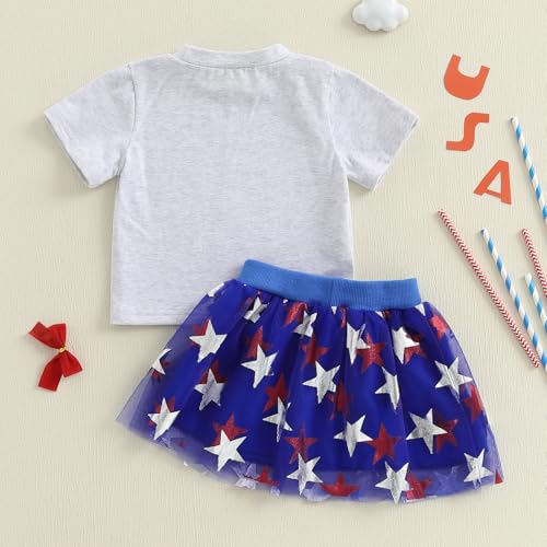Image of Kayotuas Toddler Baby Girl 4th of July Outfit American Flag Shirt Red Blue Stars Tulle Tutu Skirts Kids Fourth of July Dress