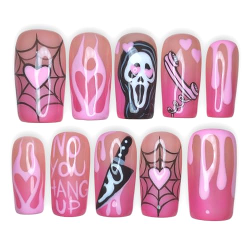 24Pcs Halloween Press on Nails Medium Square Fake Nails Flame French Tip Artificial Acrylic Nails Cute Heart Ghost False Nails Spider Web Glue on Nails Pink Halloween Stick on Nails for Women Manicure