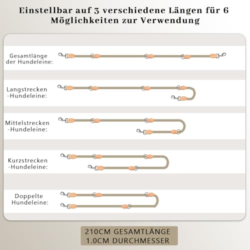 Hundeleine für Mittelgroße & Große Hunde, Multifunktionsleine Führleine für Hunde 2.1m Verstellbare mit 2 Karabiner, Robuste Nylon Dog Leash, Schleppleine Doppelleine für 2hunde (Beige, 1cm x 2.1m)