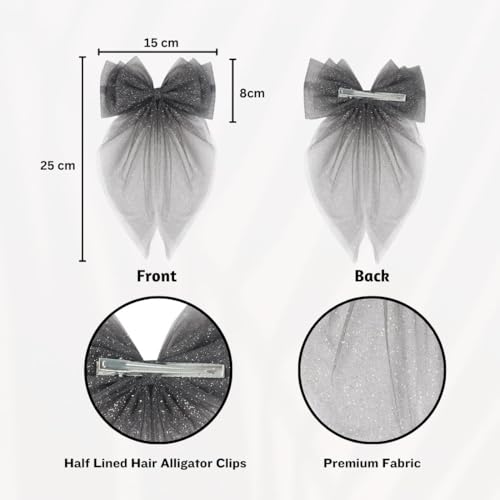 Image of Radhu & Kabby Hair Bows For Women | Anti-Hair Fall Hairclips | Girls Net Tail Hairbow | Clips Hair Accessories | Pack of 2 | Hand made Net Bows | Black & White Colour