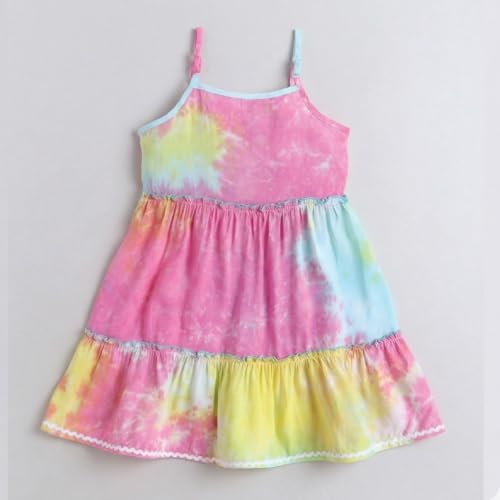 Image of The Magic Wand Kids Girls Printed Casual Dresses, Knee Length Singlet Strap Fit & Flared Cotton Once Piece Stylish Frocks for Summer Season