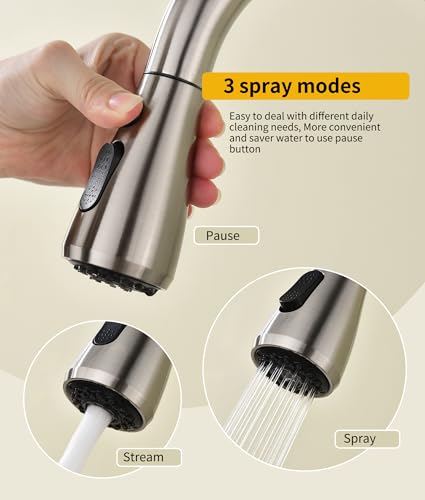 Wasserhahn Küche Ausziehbar,Hochdruck Küchenarmatur mit Herausziehbarer Brause Mischbatterie Küche mit 3 Funktionen 360°Drehbar,Kitchen Faucet Zwei Sprühfunktionen (Gebürstet)