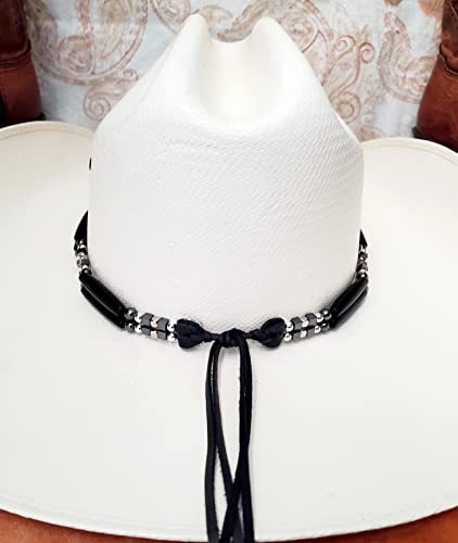 Handmade Western Cowboy Hat Band With Black Horn Hairpipe And Silver Beads With Silver Metal Feather #TOP6