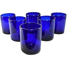 MAREY Hand Blown Drinking Glasses Artisan Crafted from Mexico Set of 6 pieces Deep Cobalt Blue, Old Fashioned 10 Oz.