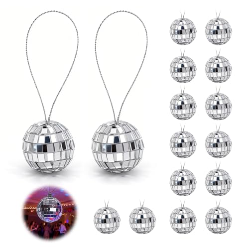 Mini Boule à Facette 2,2cm avec Ruban Argenté – Petite Boule Disco Miroir à Suspendre pour Décoration Gâteau, Sapin de Noël, Mariage, DIY, Anniversaire...