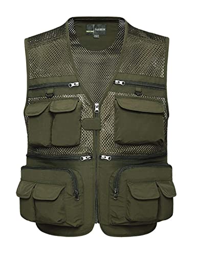 Sukany Men's Mesh Fishing Vest Utility Multi-Pocket Outdoor Work Shooting Safari Travel Photography Vest Army Green S