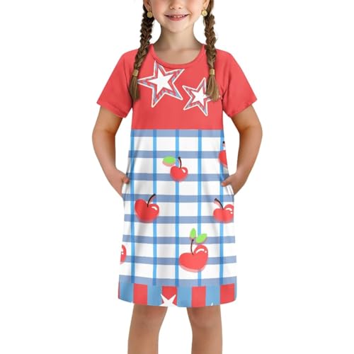 Teen Girl Dresses Summer Fruit Short Sleeve Dresses for Girls 3-4 Y Casual Crew Neck Midi Sundress with Pockets