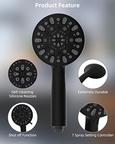 Hibbent High Pressure Handheld Shower Head, 7-Spray Setting Rain Shower Head 5'' Matte Black Face, 79-Inch Stainless Steel Shower Hose, Adjustable Bracket, Powerful Shower Spray Head Set #TOP2
