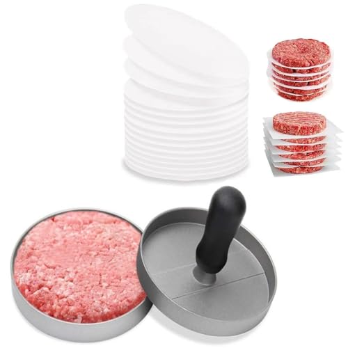 Burger Press, Non-Stick Meat Patty Hamburger Maker for Making Stuffed Pocket Burgers, Aluminum for BBQ Grill (100 Wax Paper)