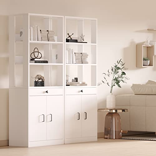 Mostmahes Industrial Tall Bookshelf With Drawers Book Storage Cabinet, White Bookcase With Doors, Open Book Shelf With 3 Tiers Bookshelves For Bedroom, Home Office, Living Room #TOP4
