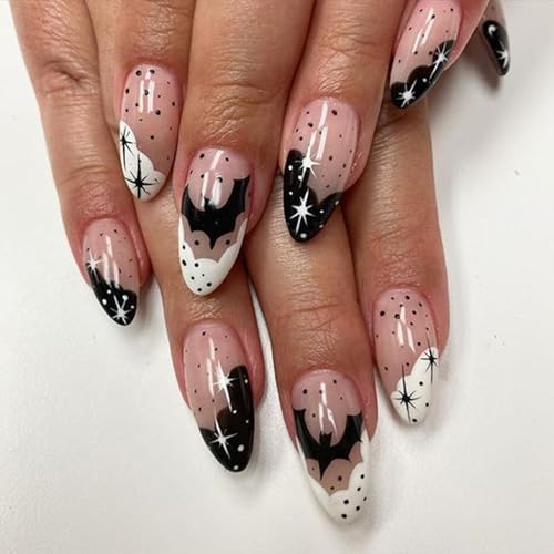 Halloween Press on Nails Short Alomnd Fake Nails French Tips Fals...