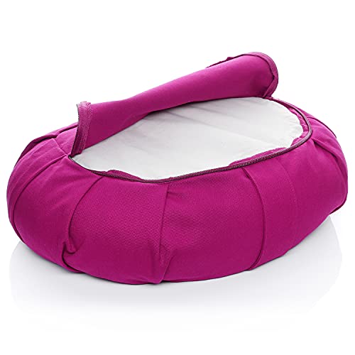 BODYMATE Halbmond Yogakissen 42cm lang 30cm breit und 15cm hoch Pink mit Buchweizen-Spelz Füllung – Maschinenwaschbarer Bezug aus 100% extra dicker Baumwolle – Meditationskissen – Sitzkissen