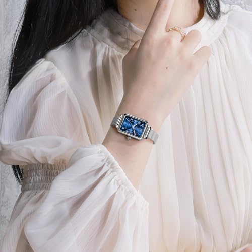 Taxau Womens Watches Small Rectangle Waterproof Watch for Women Ladies Watch for Small Wrist Minimalist Elegant Women Luxury Mesh Watches Large Arabic Numbers Blue Dial Easy Read reloj de Mujer — view 3