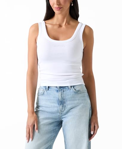 Image of Guess Women's Sleeveless Crystal Logo Tank, Pure White, XL