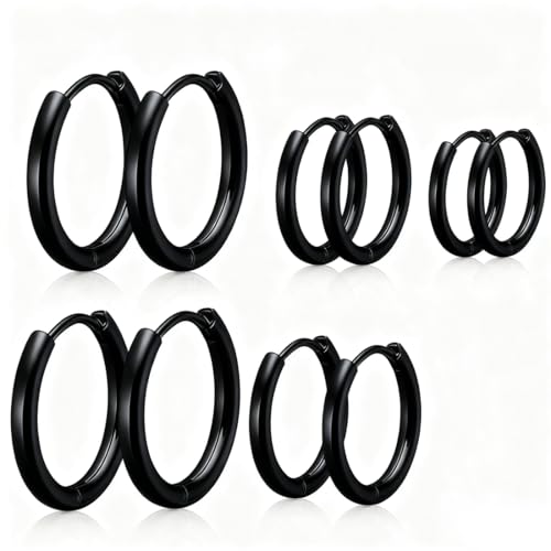 JEYORZY 5 Pares Pendientes de Aro, Pendientes Aro Pequeños Para Mujer Hombre, Acero Inoxidable Hipoalergénicos, Pendientes Hombre Aretes de Mujer, Pendientes de Aro de Cartílago(Negro,8/10/12/14/16mm)
