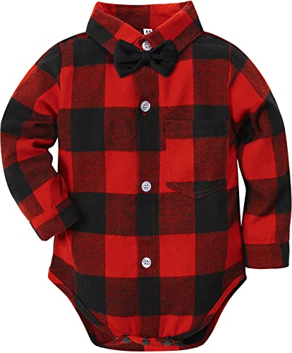 Image of A&J DESIGN Infant Baby Boys Dress Shirt Formal Bodysuit Rompers 3-18 Months | Button Up Shirt, One Piece, Gentleman Outfit, Breathable, Collared, Chest Pocket, Long Sleeve, Detachable Bow Tie, Durable