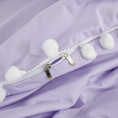 Softta Girls Bedding Purple Duvet Cover Full 3 Pcs Ruffle Pompoms Bohemian Bedding Boho Baby Teen Girls Bed Cover 100% Cotton White Pom-Fringe #TOP5