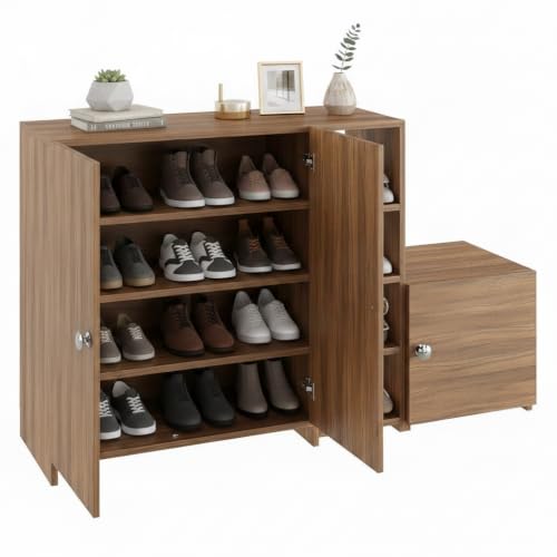 Image of FURNEASER Fusia Shoe Rack Cabinet Wooden | Shoe Storage Organizer with Doors | Shoe Stand for Home Entryway | Footwear Rack Cupboard | Space Saving Shoe Cabinet (Exotic Teak)