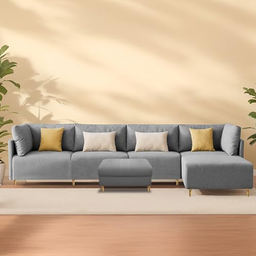 Image of Carina RHS 6 Seater L Shape Sofa Set with Center Table for Living Room (Grey Fabric) Premium Fabric Sofa