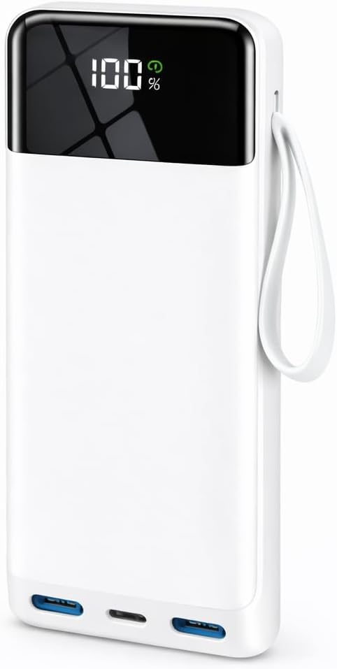 Mobile Battery, 15,000 mAh, Large Capacity, 6 Devices Simultaneously Charging & 22.5 W), Rapid Charging, Lightweight, Compact, Built-in 4 Cables, Type-C Input & Output Port, USB-A Output Port, Compact, LED Battery Level Display, Portable Charger, Portable, Portable, Portable, PSE Certified, Safe Circuit Protection, Compatible with iPhone 17/16/15/iPad/Android Smartphones, Travel/Business Trip/Disaster Preparedness White