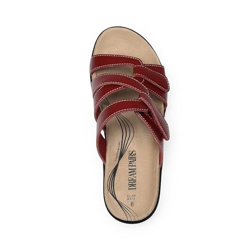 DREAM PAIRS DREAM PAIRS Womens Slides Arch Support Slip on Flat Sandals Plantar Fasciitis Soft Cushion Slippers With Adjustable Straps,Size 7,Red-Pu,SDSS2412W