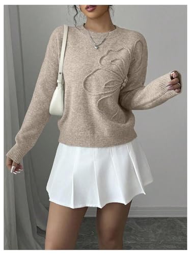 Image of Verdusa Women's Spring 3D Flower Appliques Crewneck Sweaters Long Sleeve Drop Shoulder Pullovers Knit Going Out Tops