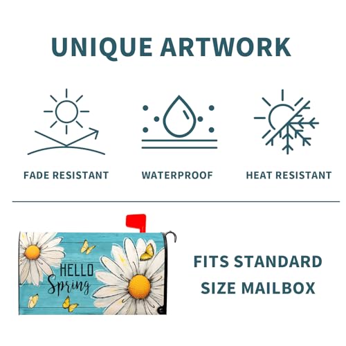 Image of Rustic Spring Daisy Magnetic Mailbox Cover - Standard Size 21x18 Inch Hello Spring Floral Decal - Teal Wrap for Post Letter Box - Outdoor Decorations