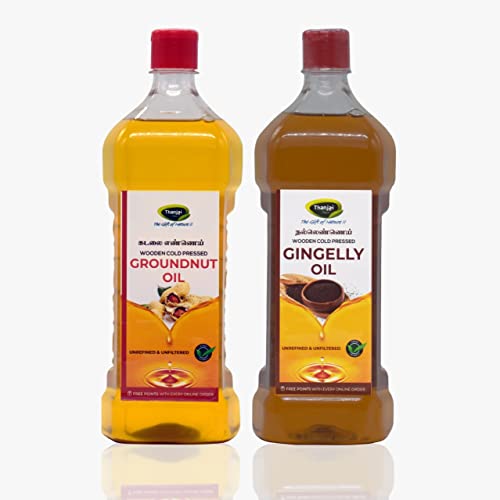 Image of Thanjai Natural Groundnut Oil Virgin Unrefined Wooden Cold Pressed Natural Peanut Oil for Cooking- Heart Health + Cholesterol Free + No Preservatives (2L Gingelly + 2L Groundnut Oil)