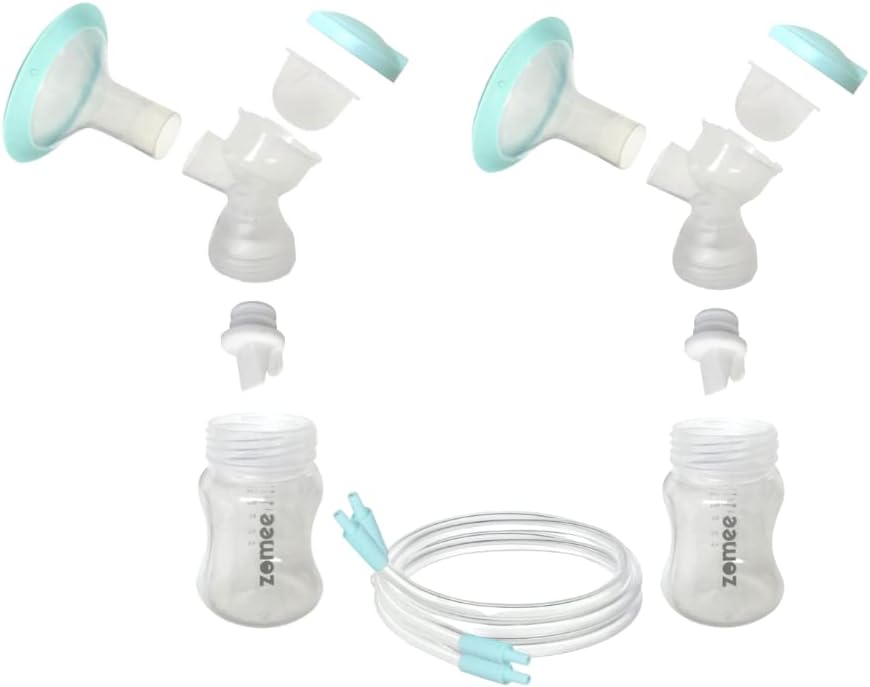 Zomee Double Breast Shield Kit Replacement Set for Z2 Size 24mm Includes; Breast Sheild Body, Diaphragms, Duckbill Valves, Tubes and Adapters & Storage Bottles