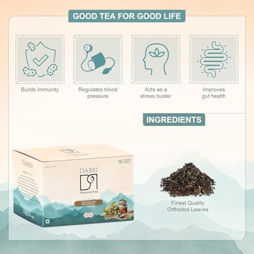 Image of DABRI Darjeeling Orthodox Black Tea 32 Pyramid Dip Tea Bags|Pack of 2 x 16 Bags Each|No muslin or paper used|Authentic Black Tea from the premium estates in Darjeeling|Light, Floral & Muscatel Flavor