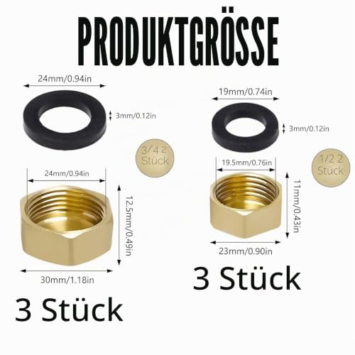 6 Stück Blindstopfen 1/2 3/4 zoll,Blindstopfen Wasserleitung Innengewinde,Eckventil Kappe mit Gummidichtungen,für Heizung und Trinkwasseranlage geeignet,Garten Außenwasserleitungen