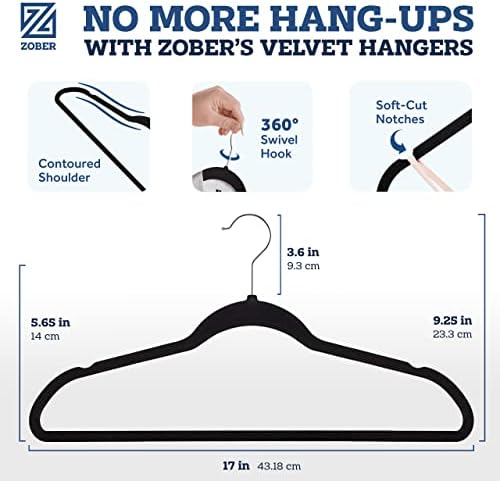 Zober Space Saving Velvet Hangers Strong and Durable Hold Up to 10 Lbs - 360 Degree Chrome Swivel Hook - Ultra Thin Non Slip Suit Hangers, Black (50 Pack)