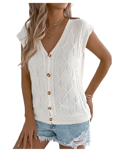 SweatyRocks Women's Soft Short Sleeve Cardigan Sweater V Neck Button Down Knit Sweater Vest4