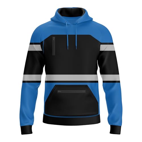 Mens Hi Vis Pullover Work Wear Hoody Reflective Tape Safety Work Drawstring Multi Zipped Pockets Style High Viz High Visibility Hooded Sweatshirt