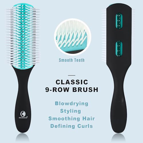 BRUSHZOO Detangling Brush with Hair Spray bottle, Hair Brushes for Women men and Kids Curly Hair, Curly Hair Brush for Natural 3/4abc Hair with Detangler Brush 9 Row Brush Wide Tooth comb