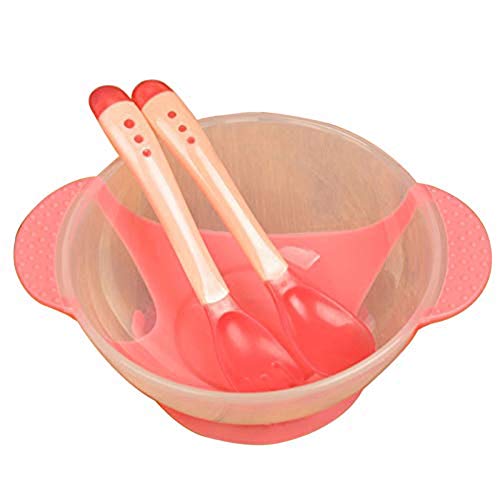 Brussels08 3-in-1 Baby Kinder Saugnapf Training Fütterung Schüssel Geschirr Set Baby Schalen Fütterungsset mit Baby Gabel und Baby Löffeln Wiederverwendbares Geschirr Babynahrung Snack Container Pink