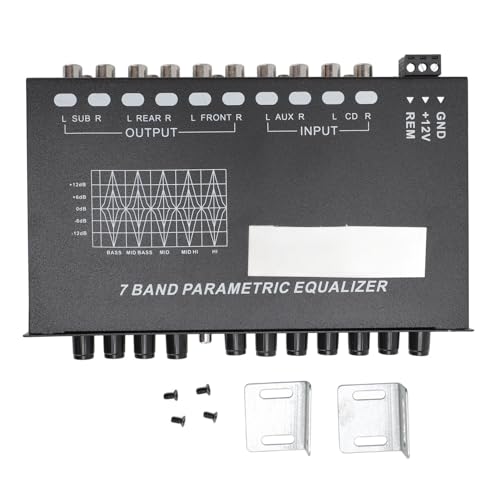 Sound Equalizer, 7 Band Car Audio Equaliser, Adjustable 7 Band EQ Car Amplifier Graphic Equaliser with CD AUX Input Selector Switch, Front Rear Sub Outputs.