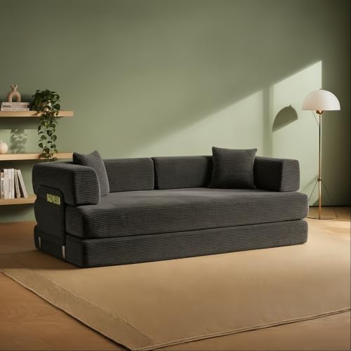 Convertible Folding Couch Bed Comfy Corduroy Sleeper Floor Sofa Bed with Fixed-Shape Frame Floor Sofa with Armrest Lounge Couch for Living Room Bedroom Lounge Studio (Dark gray 150CM)