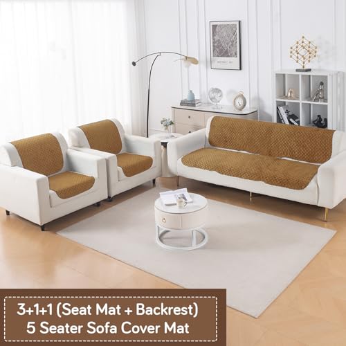 Image of HOKIPO Quilted Sofa Cover 5 Seater Set (3+1+1) - Sofa Cover for Seat & Back | 'Quilt Classic' Golden (IN-927 * 2+925 * 4-GLD)