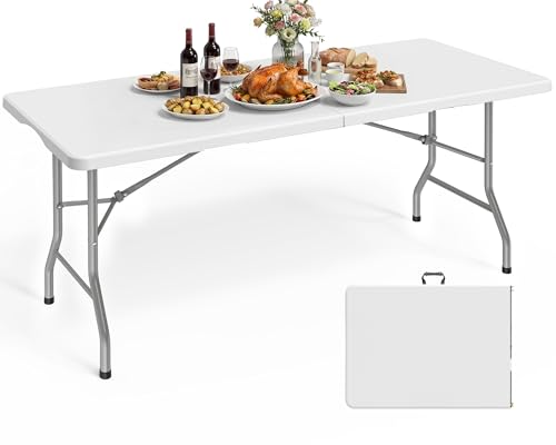Pureegg 6FT Folding Table - No Assembly Required, Versatile Dining Table with Carrying Handle & Tabletop Safety Lock, Portable Foldable Table for Party, Craft, Camping, Picnic, White